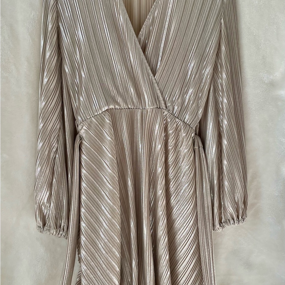 Bardot Belissa pleated long sleeve dress champagne colored
